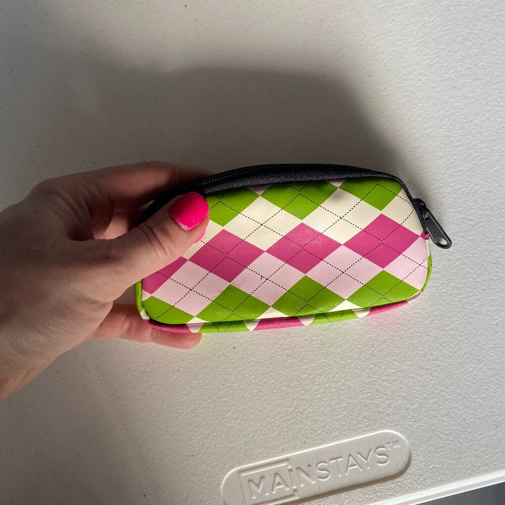 Argyle Cosmetic Makeup Bag Preppy 5" x 2" New, Playtex, Netted Pocket, Zipper